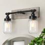 GEPOW Farmhouse Bathroom Vanity Light Fixtures with Mason jar Shade, Faux Wood Finish (18’’ X 6.5’’ X 12’’)