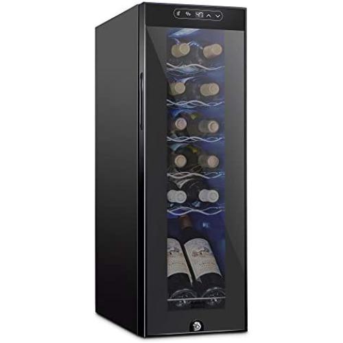 Schmecke 12 Bottle Compressor Wine Cooler Refrigerator w/Lock | Large Freestanding Wine Cellar | 41f-64f Digital Temperature Control Wine Fridge For Red, White, Champagne or Sparkling Wine - Black