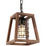 1-Light Wood Farmhouse Pendant Lighting Fixture with Round Cage Shade, Retro Rustic Chandelier with Trapeziod Wooden Frame for Kitchen Island Dining Room P0063