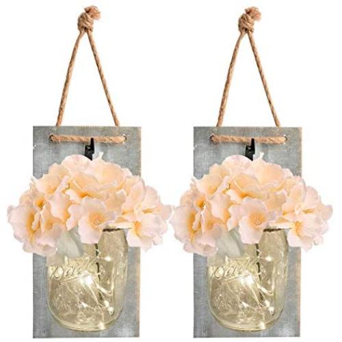 Mason Jar Sconce Home Decor,Rustic Wall Sconces with 6-Hour Timer LED Fairy Lights and Silk Hydrangea Flowers,Wall Decoration for Farmhouse Home Kitchen,Set of 2