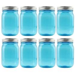 Cornucopia 16oz PLASTIC Mason Jars (8-Pack, Blue w/ Silver Metal Lids); PET BPA-Free Mason Jars with One Piece Lids, 2-Cup/Pint Capacity, Compatible w Regular Mouth Mason Jar Lids; Vintage Style PLASTIC Jars