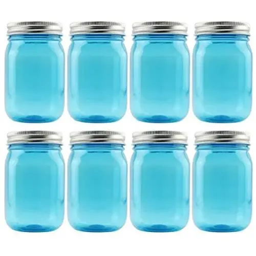 Cornucopia 16oz PLASTIC Mason Jars (8-Pack, Blue w/ Silver Metal Lids); PET BPA-Free Mason Jars with One Piece Lids, 2-Cup/Pint Capacity, Compatible w Regular Mouth Mason Jar Lids; Vintage Style PLASTIC Jars
