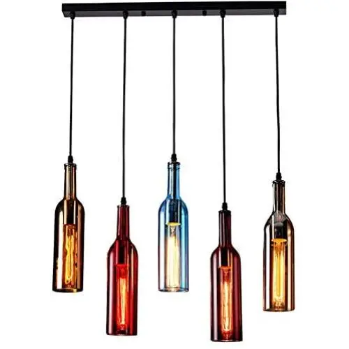 5-Light Vintage Industrial Colored Glass Pendant Light, Wine Bottle Creative Retro Chandelier for Cafe Loft Restaurant Kitchen Island Bar Dining Room Bar