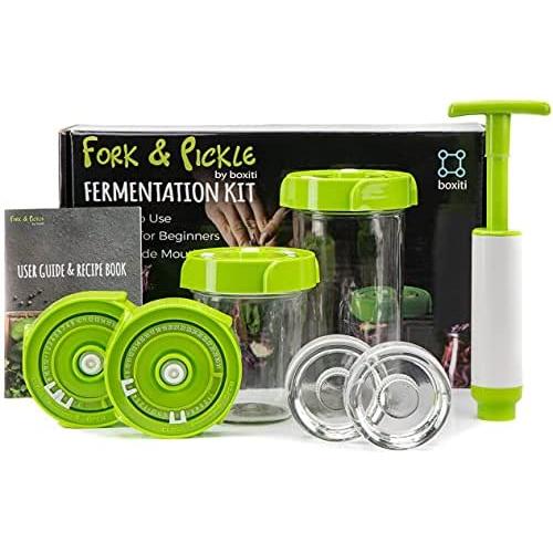 Fork&Pickle by Boxiti Mason Jars lids Fermentation lid Kit - 4 lids, 2 Glass Weights, 1 Air Pump, User Guide & Recipe Book - Fermenting Starter Kit - Kimchi, Pickles & Fermentation lids