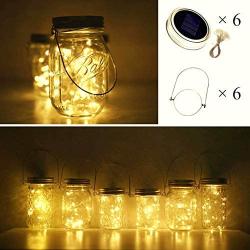 Solar Mason Jar Lights 20 LEDs (6 Hanger Included / No Jar) Fairy String Star Firefly Jar Lids Lights,for Patio Garden, Yard and Lawn Decor Party Wedding Decorative Warm White 6 Pack