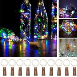 EPODA 10 Pack Wine Bottle Lights with Cork, 15 LED Silver Wire Cork Lights Waterproof Battery Operated Fairy String Lights for Jar Party Wedding Christmas (Colorful)