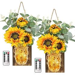 AerWo Sunflower Mason Jar Sconces Wall Decor Set of 2, Upgraded Hanging Sunflower Wall Decor with Remote LED Fairy Lights Rustic Wall Sconces for Farmhouse Kitchen Decorations Wall Home Decor