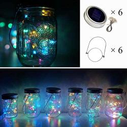 Solar Mason Jar Lights, 6 Pack 10 LED Jar Lid String Lights with 6 Hangers(No Jars), Waterproof Fairy Firefly Light for Garden, Patio, Outdoor, Yard, Lawn Decor(4 Colors)