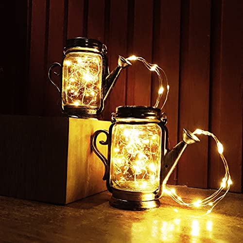 2 Pack Yeuago Outdoor Hanging Solar Lanterns Mason Jar Solar Lights, Solar Powered Warm Lights with 45 Led String Lights for Patio Yard Walkway Garden Decorations - Waterproof Jars and Lids Included