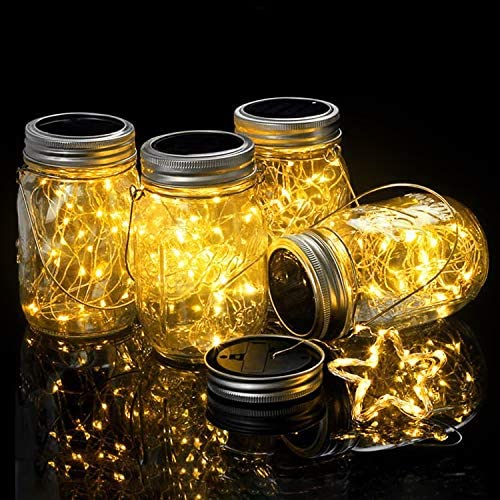 Beinhome Solar Mason Jar Lights 30 LED Outdoor Waterproof Solar Fairy Firefly Jar Lids String Lights Outdoor Lantern with Hangers for Patio Yard Garden Wedding (Jars Not Included) 4 Pack