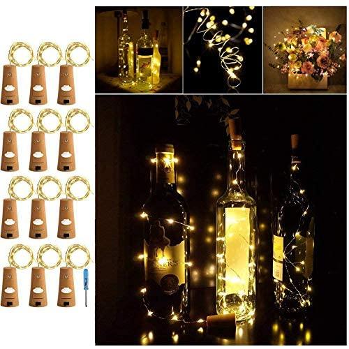 Adecorty Wine Bottle Lights with Cork - Silver Wire Cork Lights for Bottle 12 Pack 6.5ft 20 LED Bottle Lights Battery Powered Christmas String Lights for Party Halloween Wedding Christmas (Warm White)