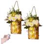 CANMEIJIA Mason Jar Wall Decor Rustic Wall Sconces, Decorative Mason Jar Hanging Wall Decorations with Battery Remote Control LED Fairy Light, 6-Hour Timer with Flowers Mason Jar Lights,Set of 2