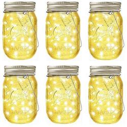 LiyuanQ Hanging Solar Mason Jar Lid Lights, 6 Pack LED String Fairy Lights Solar Lanterns Table Lights, 6 Hangers and Jars Included, Great Outdoor Décor for Lawn Patio Garden Yard (Warm White)