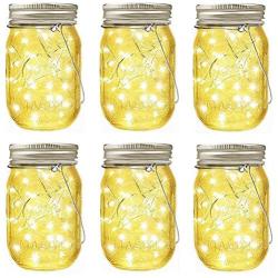 LiyuanQ Hanging Solar Mason Jar Lid Lights, 6 Pack LED String Fairy Lights Solar Lanterns Table Lights, 6 Hangers and Jars Included, Great Outdoor Décor for Lawn Patio Garden Yard (Warm White)