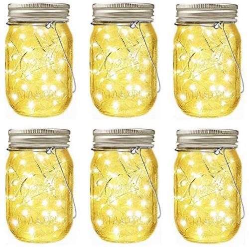 LiyuanQ Hanging Solar Mason Jar Lid Lights, 6 Pack LED String Fairy Lights Solar Lanterns Table Lights, 6 Hangers and Jars Included, Great Outdoor Décor for Lawn Patio Garden Yard (Warm White)