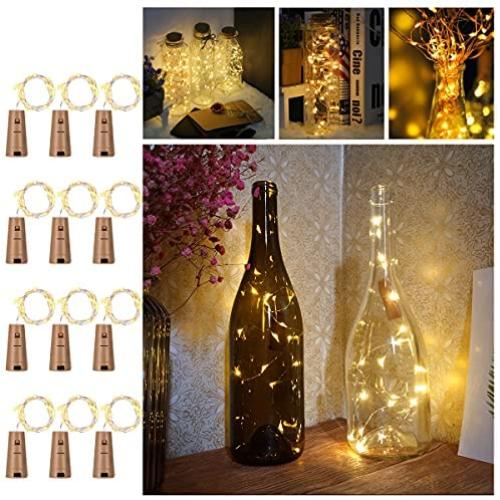 Sanniu Bottles Lights, 12 Packs Cork Copper Starry Wine Bottle Fairy Lights for Bottle, Battery Operated Beer Bottle Lights Kit for Bedroom, Parties, Wedding, Decoration (2m/7.2ft Warm White)