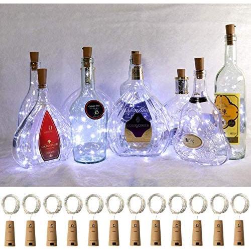 Ehome Wine Bottle Lights with Cork, 12 Pack 20LED Fairy String Lights Battery Operated, 7.2ft Silver Copper Wire Cork Lights for Liquor Bottles Party Christmas Decoration Halloween Wedding - White