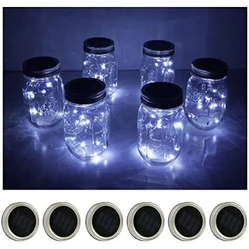 6 Pack Mason Jar Lights 10 LED Solar Cool White Fairy String Lights Lids Insert for Patio Yard Garden Party Wedding Christmas Decorative Lighting Fit for Regular Mouth Jars(Jars Not Included)