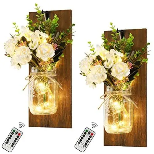 Mason Jar Sconces Wall Decor - 2 Pcs Rustic Wall Sconces with Remote Timer LED Fairy Lights Conces, Sconces for Home Decor lights Handmade, Decorative Chic Hanging Wall Decor Mason Jars With Mason Jar Sconces Wall Decor - 2 Pcs Rustic Wall Sconces with Remote Timer LED Fairy Lights Conces, Sconces for Home Decor lights Handmade, Decorative Chic Hanging Wall Decor Mason Jars With