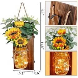 AerWo Sunflower Mason Jar Sconces Wall Decor Set of 2, Upgraded Hanging Sunflower Wall Decor with Remote LED Fairy Lights Rustic Wall Sconces for Farmhouse Kitchen Decorations Wall Home Decor