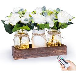 Fowecelt Mason Jar Lights Centerpiece Decorative Wood Tray with Artificial Rose Flowers, Rustic Country Farmhouse Home Decor for Herb Plants Coffee Table Dining Room Living Room Kitchen Garden