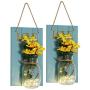 VECELO Mason Jar Sconces Wall Decor,Rustic Wall Sconce with 6-Hour Timer LED Fairy Lights and Flowers for Home Kitchen/Bedroom/Venue/Farmhouse(Set of 2) (Blue, Large) …