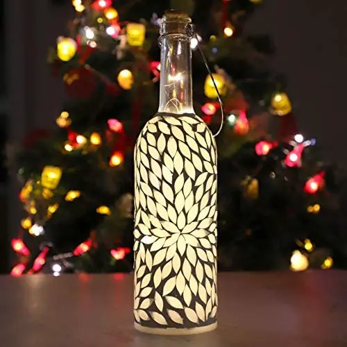 Holitown Wine Bottle Lights, White Leaf Mosaic Wine Bottle Lantern, Battery Powered, Decortive Bottle for Summer Beach Theme Party, Home, Wedding, Bars(1 Pack) (White Leaf) Holitown Wine Bottle Lights, White Leaf Mosaic Wine Bottle Lantern, Battery Powered, Decortive Bottle for Summer Beach Theme Party, Home, Wedding, Bars(1 Pack) (White Leaf)