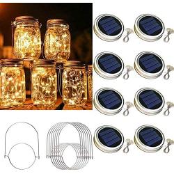 Solar Mason Jar Lid String Lights 8 Pack 30 Led String Fairy Star Firefly Jar Lids Lights Solar Lanterns with 8 Hangers (Jars Not Included) for Garden Patio Wedding Lantern Decorations,Warm White