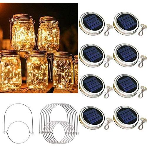 Solar Mason Jar Lid String Lights 8 Pack 30 Led String Fairy Star Firefly Jar Lids Lights Solar Lanterns with 8 Hangers (Jars Not Included) for Garden Patio Wedding Lantern Decorations,Warm White