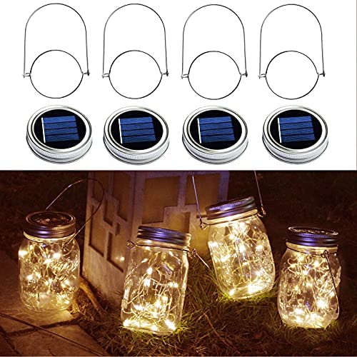 Abkshine Waterproof 20 Led Solar Mason Jar Lid Lights with Hanger, 4 Pack Warm White Mason Jar Solar Lights for Regular Mouth, Hanging Solar Lantern Lights for Garden Backyard Patio Fence Tree Wedding