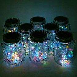 Cynzia Solar Mason Jar Lid Lights, 8 Pack 20 LED Waterproof Fairy Star Firefly String Lights with (8 Hangers Included,Jars Not Included), for Mason Jar Table Garden Wedding Party Decor (4 Colors)