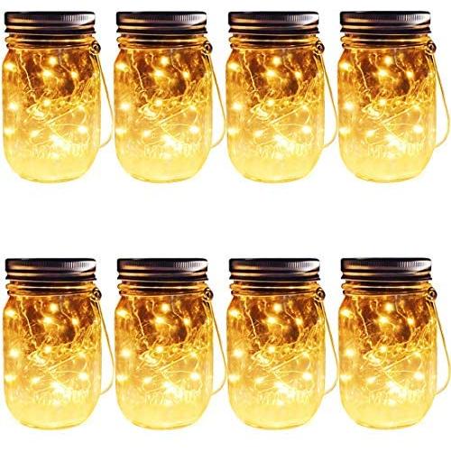 Solar Mason Jar Hanging Lights, 8 Pack 30 LEDs(Hangers & Jars Included) String Fairy Lights Glass Solar Laterns Table Lights,Outdoor Lawn Lamps Décor for Patio Garden,Yard,Floor,Steps and Deck