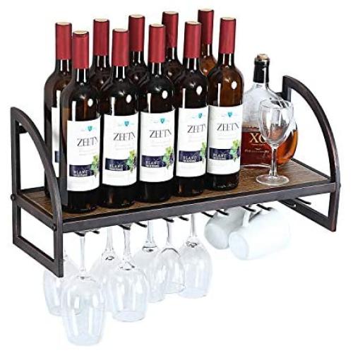 ITeeLas Wall Mounted Wine Rack - Bottle & Glass Holder-Decorative for Home Bar, Dining Room, Kitchen (1 Tier)