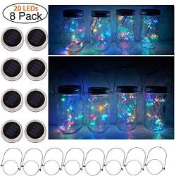 Cynzia Solar Mason Jar Lid Lights, 8 Pack 20 LED Waterproof Fairy Star Firefly String Lights with (8 Hangers Included,Jars Not Included), for Mason Jar Table Garden Wedding Party Decor (4 Colors)