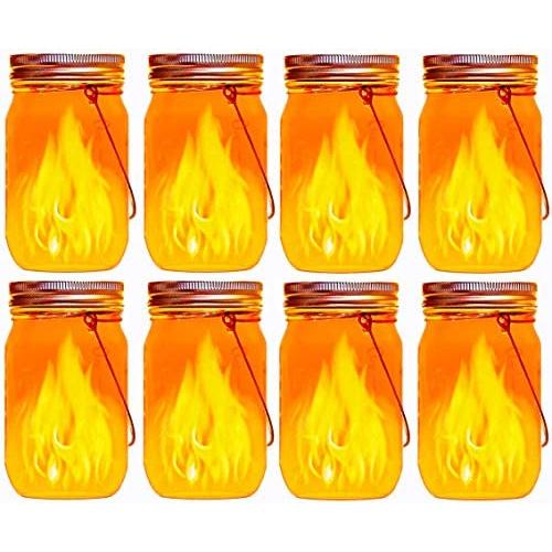 Aikeve Hanging Solar Flame Torch Lights,8 Pack Flickering Flame Mason Jar Lights for Outdoor Patio Party Garden Wedding Decor Solar Lantern Lights(Mason Jars/Handles Included)