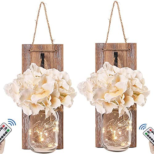 AMZYY Mason Jar Flower Light Rustic Wall Sconces Decoration Handmade Wall Decor Hanging Design with Led Fairy Lights Living Decor for Loft Kitchen,Brown