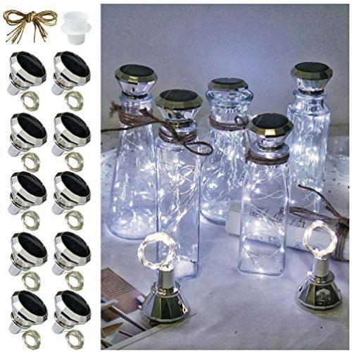 Solar Wine Bottle Lights, 10 Pack Diamond Cork Lights, 20 LED Outdoor Waterproof Fairy String Lights for Garden Wedding Patio（Cool White）