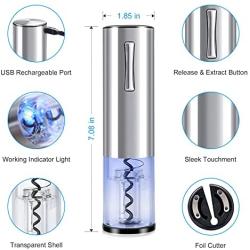 Electric Wine Opener, Rechargeable Automatic Corkscrew Wine Bottle Opener Set, w/4 Chilling Ice Cubes, Wine Pourer, Foil Cutter, Stainless Steel