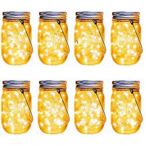 Aikeve Mason Jar Solar Lights,8 Pack 30 Led Fairy Hanging Jar Lights,Solar Lanterns for Outdoor Patio Party Garden Wedding Christmas Decor Lights(Mason Jars/Handles Included)