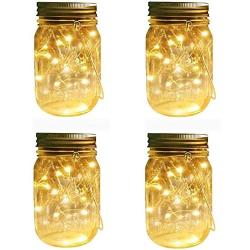 Solar Mason Jar String LED Lid Lights, 4 Pack 20 LEDs Fairy Firefly String Lights Warm White,with 4 Jars and 4 Hangers Starry Lighting for Patio Lawn Garden Wedding