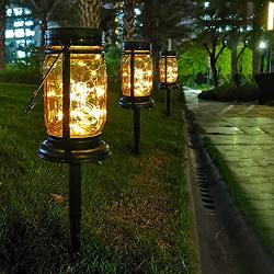 Hanging Mason Jar Solar Lanterns Outdoor Waterproof(Included Stake)2 Pack 30 Led Solar Glass Jar Lights Table Lamps-Retro Design Decorative Fairy Lantern for Party Patio Garden Path Trees