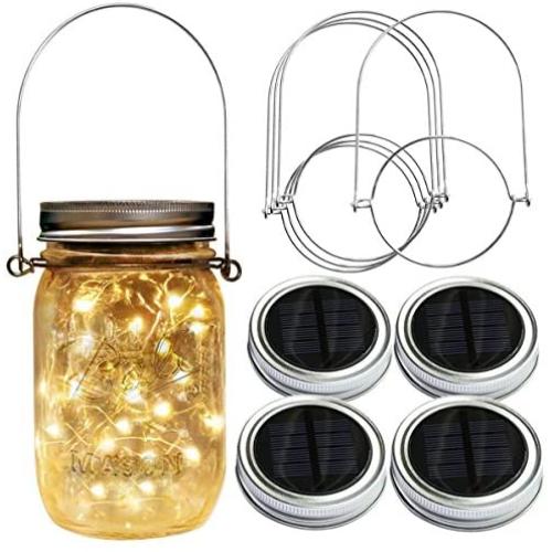 Homeleo 4 Pack 20 Led Warm White Waterproof Solar Mason Jar Light Lid with Hangers for Regular Mouth Mason Jar Outdoor Garden Backyard Christmas Halloween Decoration(Jars Not Included)