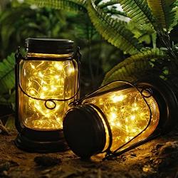 Hanging Solar Mason Jar Lights, Decorman 2 Pack 30 LED Waterproof Starry Fairy String Jar Lights Outdoor Solar Lantern Lamp with Stakes for Party, Patio, Yard, Garden, Pathway (Warm White)