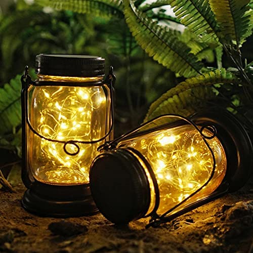 Hanging Solar Mason Jar Lights, Decorman 2 Pack 30 LED Waterproof Starry Fairy String Jar Lights Outdoor Solar Lantern Lamp with Stakes for Party, Patio, Yard, Garden, Pathway (Warm White)