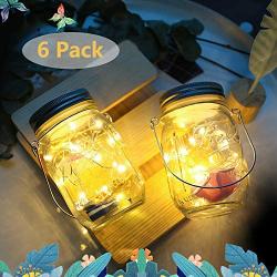 LiyuanQ Hanging Solar Mason Jar Lid Lights, 6 Pack LED String Fairy Lights Solar Lanterns Table Lights, 6 Hangers and Jars Included, Great Outdoor Décor for Lawn Patio Garden Yard (Warm White)