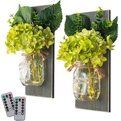 Mason Jar Wall Sconce with String LED Lights (Set of 2) - Farmhouse Chic Wall Decor- Rustic Style - Two Remote Controls - Green Hydrangea Flowers