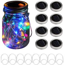 KZOBYD 8 Pack Solar Mason Jar Lid String Lights with 8 Handles,10 LED Fairy Starry Firefly Lights Kit Hanging for Outdoor Indoor Patio Wedding Decor(Jars Not Included) (Colorful)