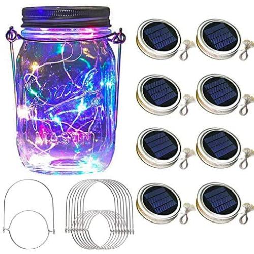 Vinkki Solar Mason Jar Lid Lights 8 Pack 30 Led Solar String Light Waterproof Fairy Hanging Lighting Solar Lids Jar Lights with 8 Hangers (No Jars) for Garden Patio Table Wedding Decor,Colorful