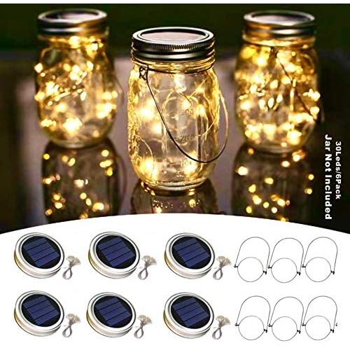30 Led Solar Mason Jar Lid Lights,6 Pack Waterproof String Fairy Star Firefly Jar Lids Lights with 6 Hangers, Best for Mason Jar Decor, Patio Wedding Christmas Party Indoor/Outdoor(Warm White)