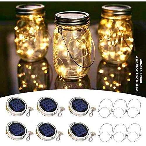 30 Led Solar Mason Jar Lid Lights,6 Pack Waterproof String Fairy Star Firefly Jar Lids Lights with 6 Hangers, Best for Mason Jar Decor, Patio Wedding Christmas Party Indoor/Outdoor(Warm White)